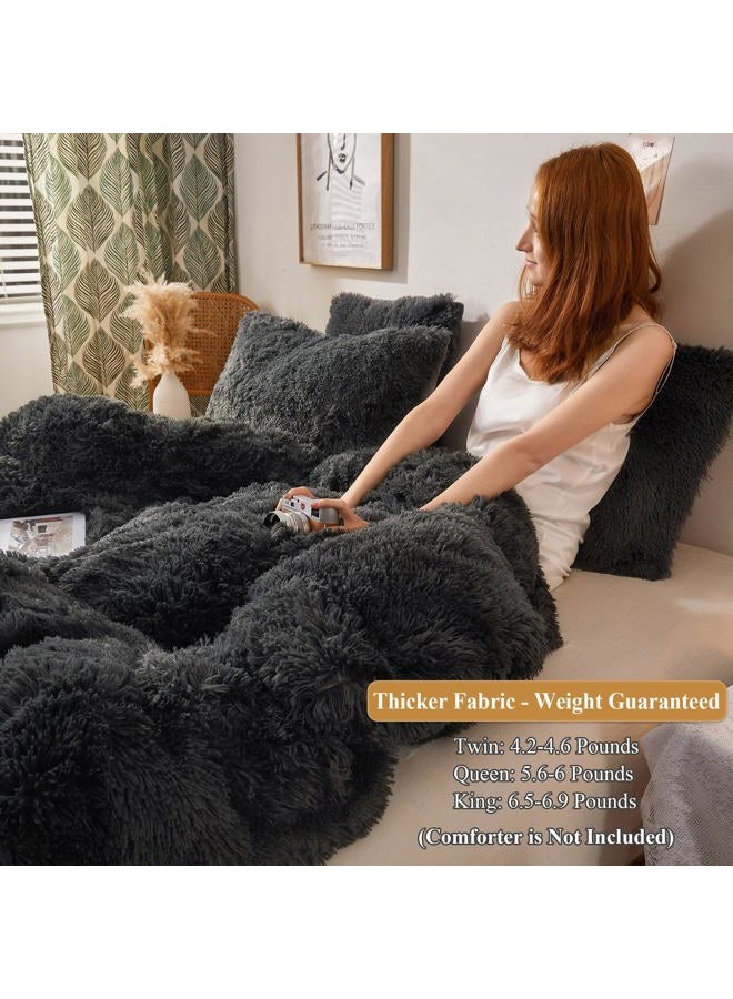 XeGe Plush Shaggy Duvet Cover Luxury Ultra Soft Crystal Velvet Bedding 1PC(1 Faux Fur Duvet Cover),Zipper Closure (Queen, Dark Gray) - Image 3