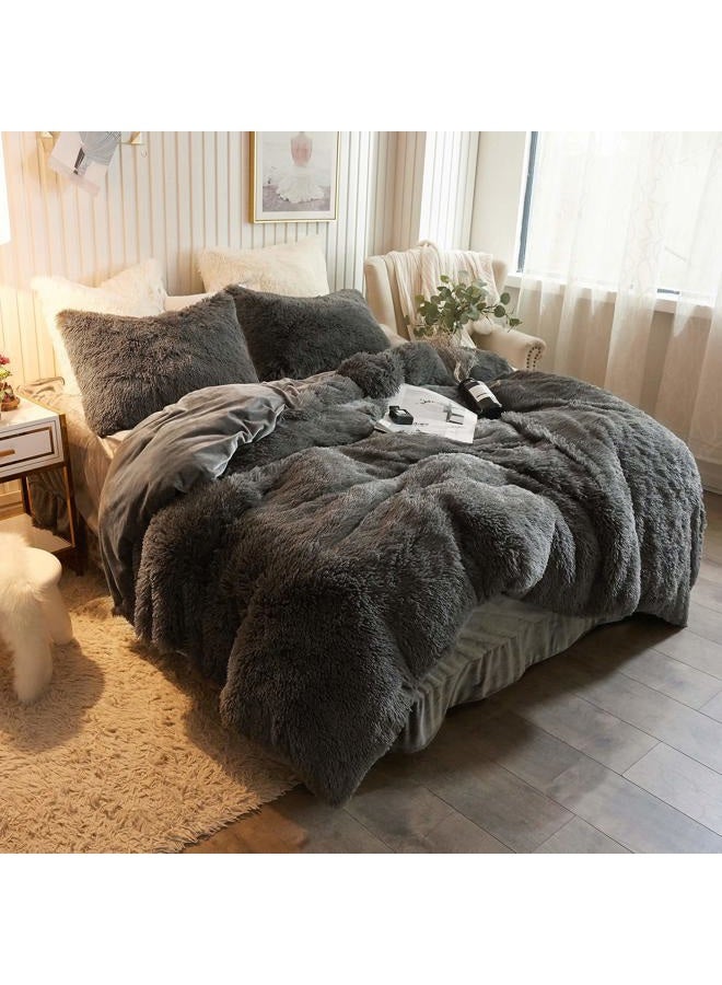 XeGe Plush Shaggy Duvet Cover Luxury Ultra Soft Crystal Velvet Bedding 1PC(1 Faux Fur Duvet Cover),Zipper Closure (Queen, Dark Gray) - Image 1