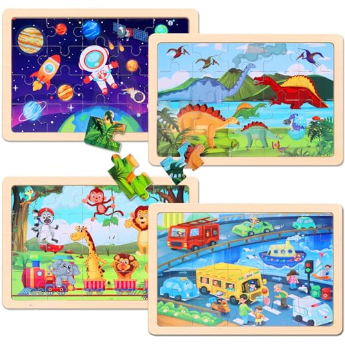 NASHRIO Wooden Educational Jigsaw Puzzles for Preschool Kids Ages 35 4Pack with 20 Pieces Dinosaur Space Transportation Wood Puzzles Set Toddler Brain Teaser Toys Gifts for Boys Girls Ages 3 4 5 6 - Image 5