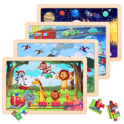 NASHRIO Wooden Educational Jigsaw Puzzles for Preschool Kids Ages 35 4Pack with 20 Pieces Dinosaur Space Transportation Wood Puzzles Set Toddler Brain Teaser Toys Gifts for Boys Girls Ages 3 4 5 6 - Image 1
