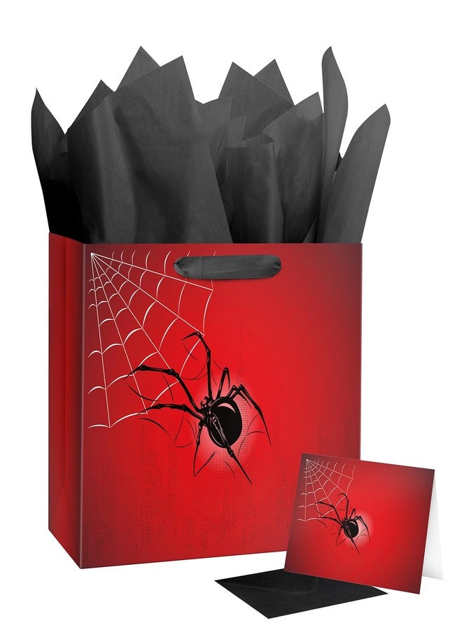 Linelglobal Spider Gift Bag with Tissue Paper Black Red Design for Boy Birthday Party Spider Theme Halloween Web Decoration - Image 1