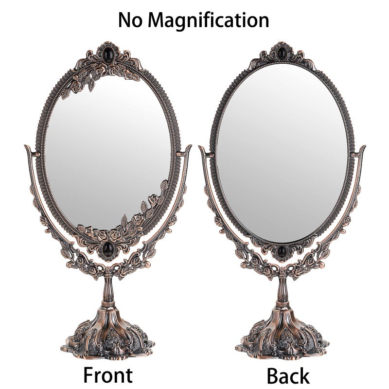 Juxyes Metal Tabletop Antique Decorative Makeup Mirror With Stand  Vintage Swivel Double Sided Cosmetic Mirror With Frame  Retro Desktop Oval Dressing Mirror For Bathroom Bedroom - Image 3