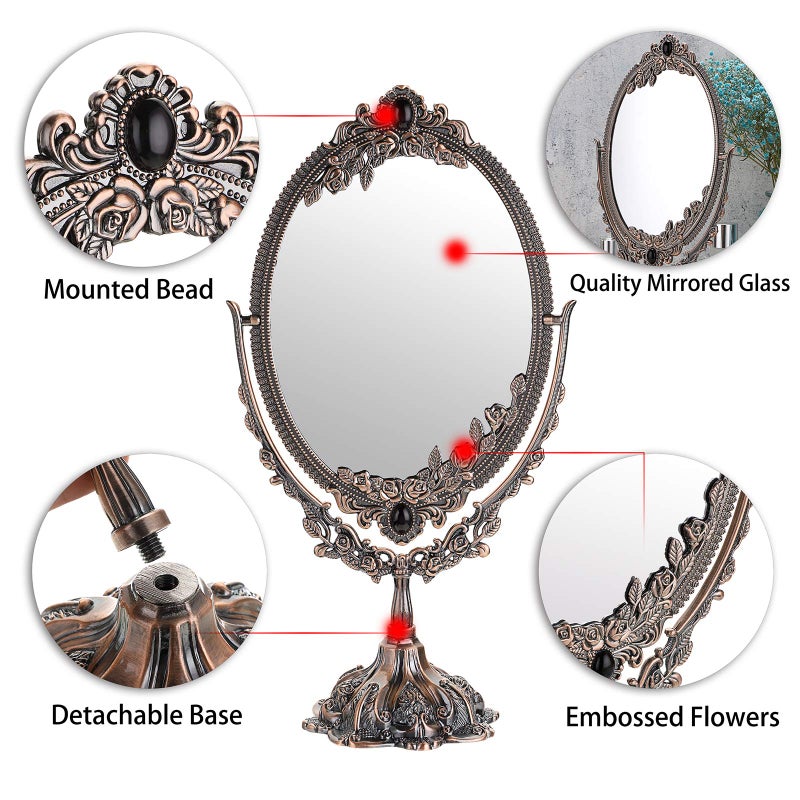 Juxyes Metal Tabletop Antique Decorative Makeup Mirror With Stand  Vintage Swivel Double Sided Cosmetic Mirror With Frame  Retro Desktop Oval Dressing Mirror For Bathroom Bedroom - Image 4
