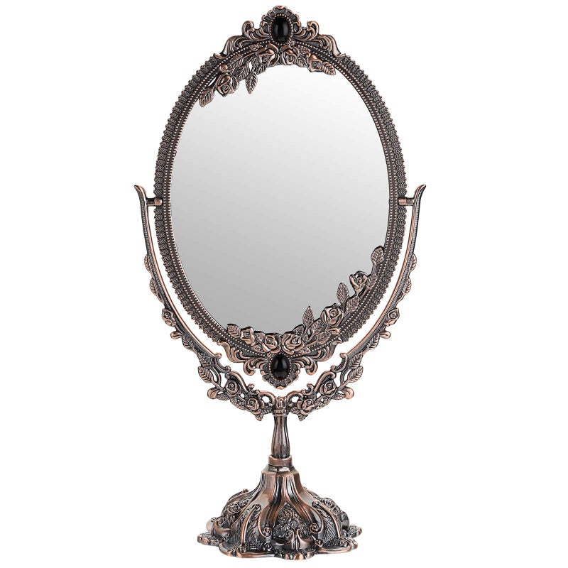 Juxyes Metal Tabletop Antique Decorative Makeup Mirror With Stand  Vintage Swivel Double Sided Cosmetic Mirror With Frame  Retro Desktop Oval Dressing Mirror For Bathroom Bedroom - Image 1