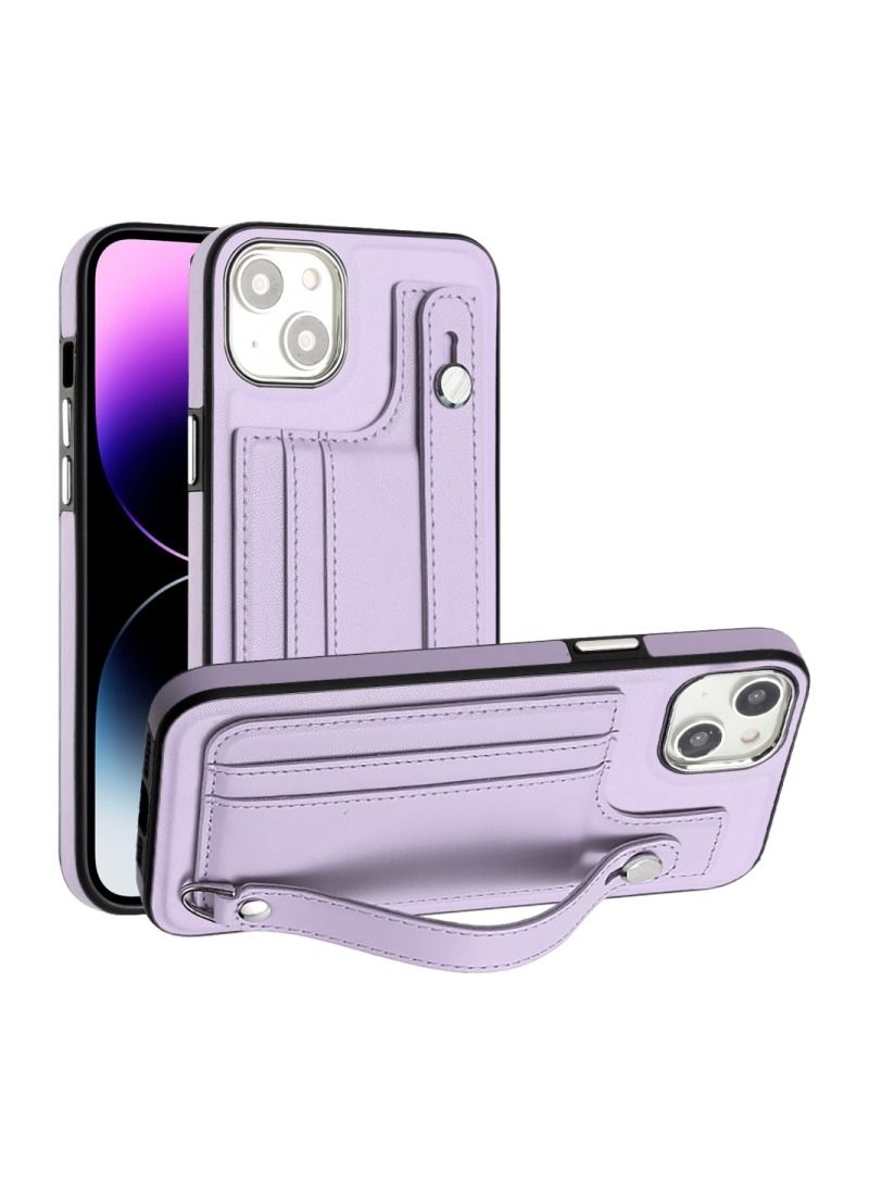 فيسوس جراب هاتف جلدي مقاوم للصدمات مع حزام معصم لهاتف iPhone 15 (بنفسجي)