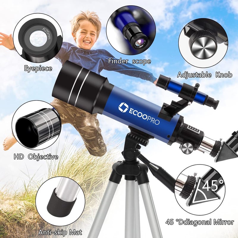 ECOOPRO Telescope for Kids & Adults, 70mm Aperture 360mm Refractor (15X-150X) Telescope for Astronomy Beginners, Portable Travel Telescopes with Phone Adapter & 2 Eyepieces - Image 2