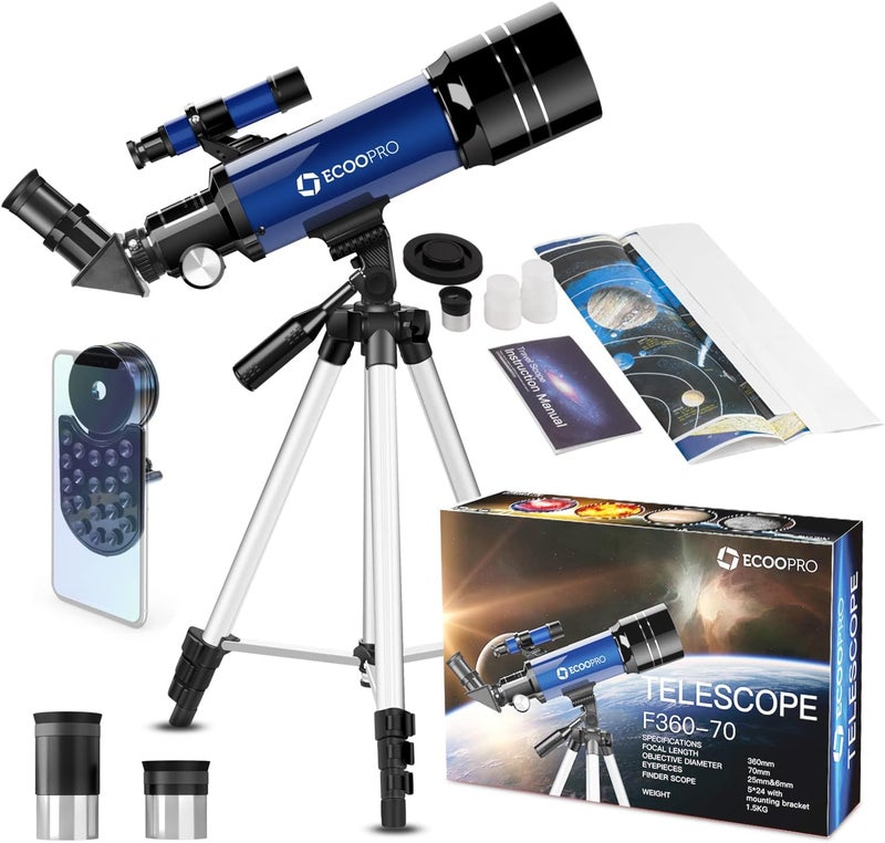 ECOOPRO Telescope for Kids & Adults, 70mm Aperture 360mm Refractor (15X-150X) Telescope for Astronomy Beginners, Portable Travel Telescopes with Phone Adapter & 2 Eyepieces - Image 1