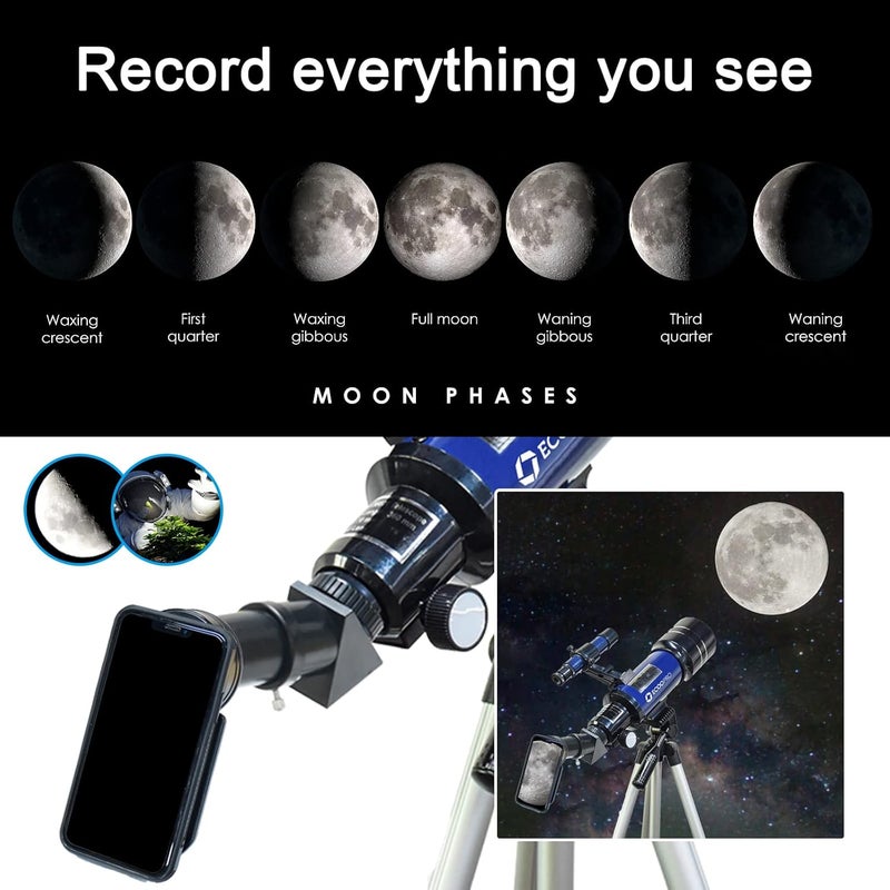 ECOOPRO Telescope for Kids & Adults, 70mm Aperture 360mm Refractor (15X-150X) Telescope for Astronomy Beginners, Portable Travel Telescopes with Phone Adapter & 2 Eyepieces - Image 3