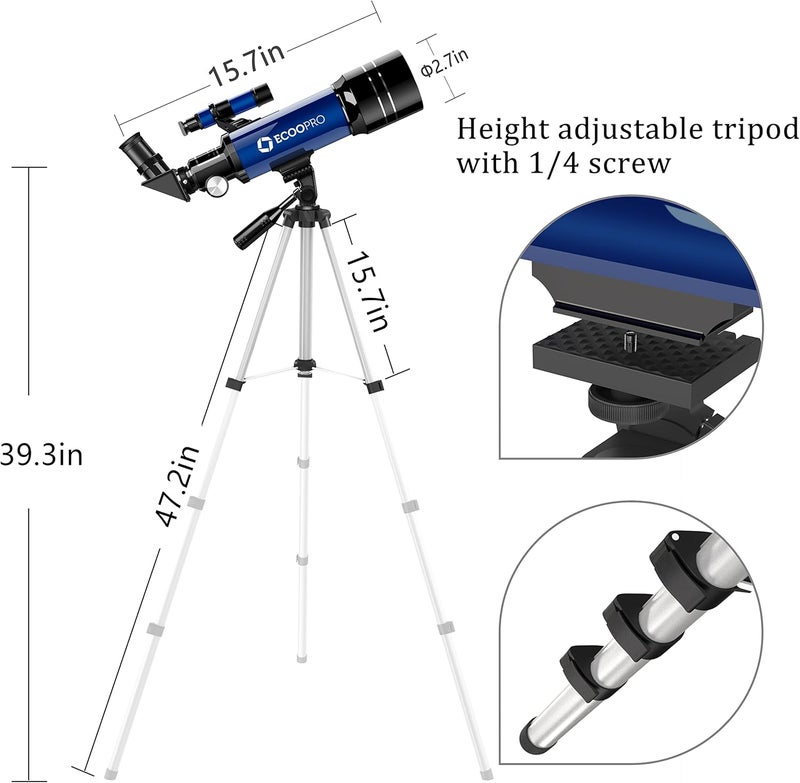 ECOOPRO Telescope for Kids & Adults, 70mm Aperture 360mm Refractor (15X-150X) Telescope for Astronomy Beginners, Portable Travel Telescopes with Phone Adapter & 2 Eyepieces - Image 5