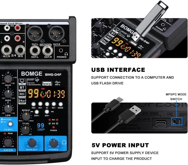 BOMGE 4 Channel mini DJ Audio Sound Mixer Interface with MP3、 USB, Bluetooth, Stereo Recording, 48V Phantom Power, 24 DSP for karaoke, performance, church singing 、 streaming - Image 4