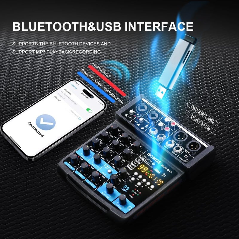 BOMGE 4 Channel mini DJ Audio Sound Mixer Interface with MP3、 USB, Bluetooth, Stereo Recording, 48V Phantom Power, 24 DSP for karaoke, performance, church singing 、 streaming - Image 1