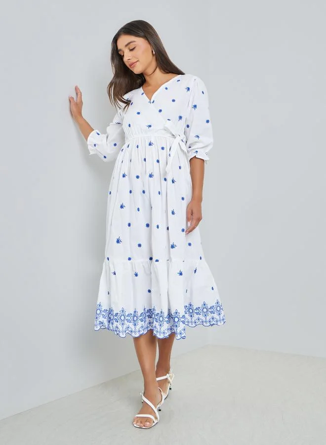 Styli White Embroidered Midi Dress With 3/4 Sleeves
