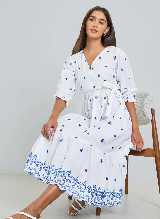 White Embroidered Midi Dress with 3/4 Sleeves