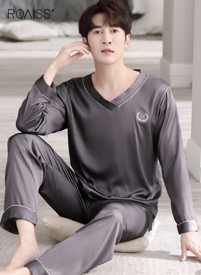 roaiss Summer Men's Ice Silk Thin V-Neck Breathable Pajama Long-Sleeved Long Pant Pajama Set Simple Leisure and Comfortable Loungewear Set for Men Elastic Waist - Image 2