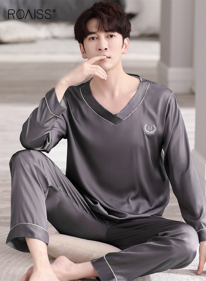 roaiss Summer Men's Ice Silk Thin V-Neck Breathable Pajama Long-Sleeved Long Pant Pajama Set Simple Leisure and Comfortable Loungewear Set for Men Elastic Waist - Image 3