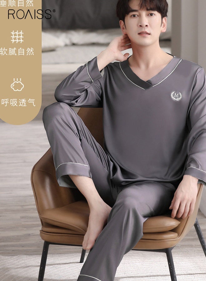 roaiss Summer Men's Ice Silk Thin V-Neck Breathable Pajama Long-Sleeved Long Pant Pajama Set Simple Leisure and Comfortable Loungewear Set for Men Elastic Waist - Image 5