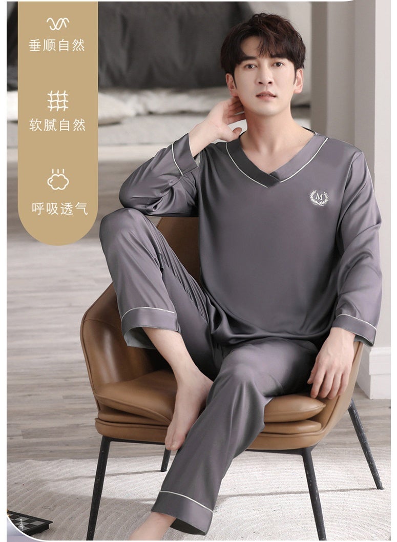 roaiss Summer Men's Ice Silk Thin V-Neck Breathable Pajama Long-Sleeved Long Pant Pajama Set Simple Leisure and Comfortable Loungewear Set for Men Elastic Waist - Image 4