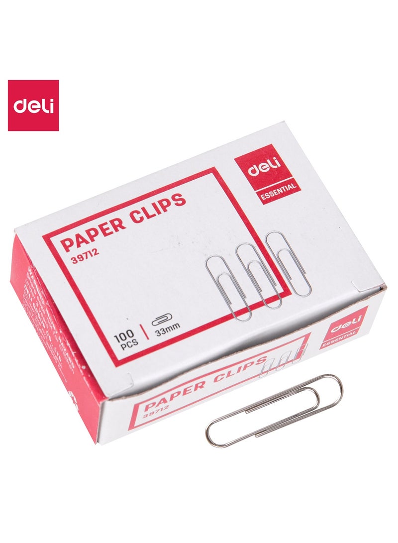 Deli E39712 Paper Clips 33mm Silver - 100pcs - ideal for document organizing - Image 1