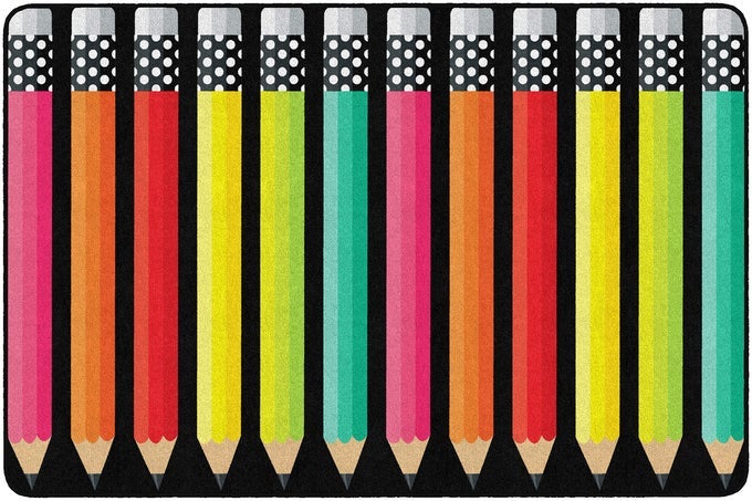 SCHOOLGIRL STYLE STYLISH BLACK WHITE BRIGHTS PENCIL CLASSROOM AREA RUG FOR INDOOR CLASSROOM LEARNING OR KID BEDROOM EDUCATIONAL PLAY MAT 5X76 MULTI