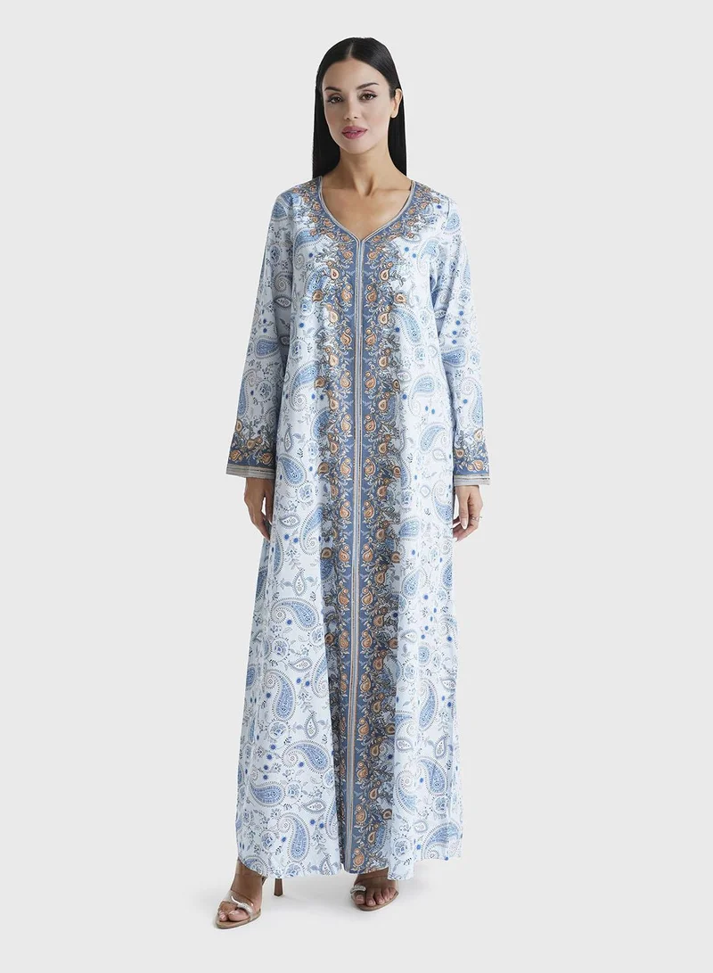 KASHKHA Powder Blue Paisley Printed Cotton Satin Stone Work Jalabiya (VDU609)