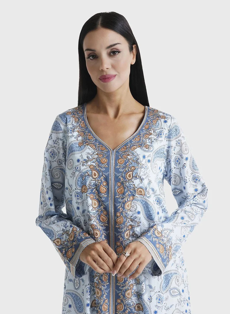 KASHKHA Powder Blue Paisley Printed Cotton Satin Stone Work Jalabiya (VDU609)