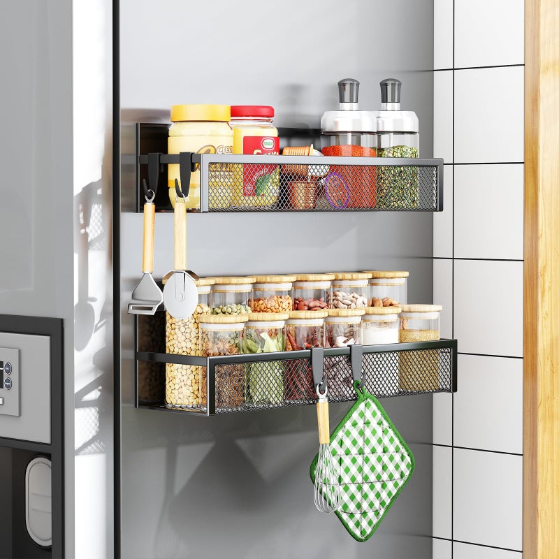 Aufworld Magnetic Spice Rack for Refrigerator 2 Pack Magnetic Shelf Fridge Magnet Organizer with Moveable 4 Hooks Magnetic Fridge Shelf for Kitchen Organization and Storage 2 Pack