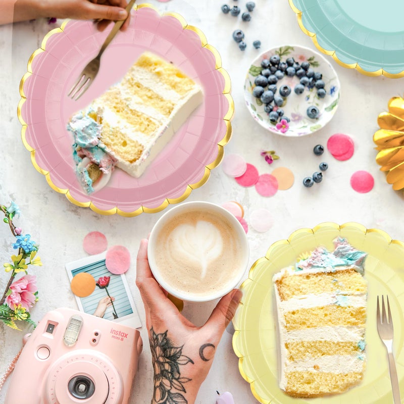 peony man 48 Pcs Pastel Scalloped Paper Plates Disposable Macaron Party Plates 9 Inch Gold Edge Colorful Dinner Plate Pastel Rainbow Dessert Plate for Wedding Birthday Baby Shower Party Supplies - Image 5