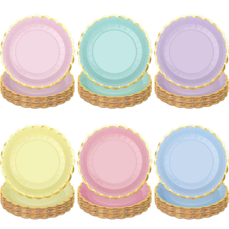 peony man 48 Pcs Pastel Scalloped Paper Plates Disposable Macaron Party Plates 9 Inch Gold Edge Colorful Dinner Plate Pastel Rainbow Dessert Plate for Wedding Birthday Baby Shower Party Supplies - Image 1
