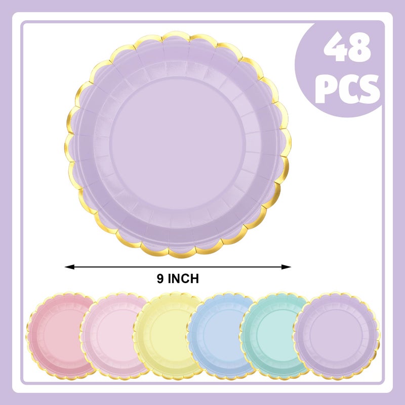 peony man 48 Pcs Pastel Scalloped Paper Plates Disposable Macaron Party Plates 9 Inch Gold Edge Colorful Dinner Plate Pastel Rainbow Dessert Plate for Wedding Birthday Baby Shower Party Supplies - Image 2