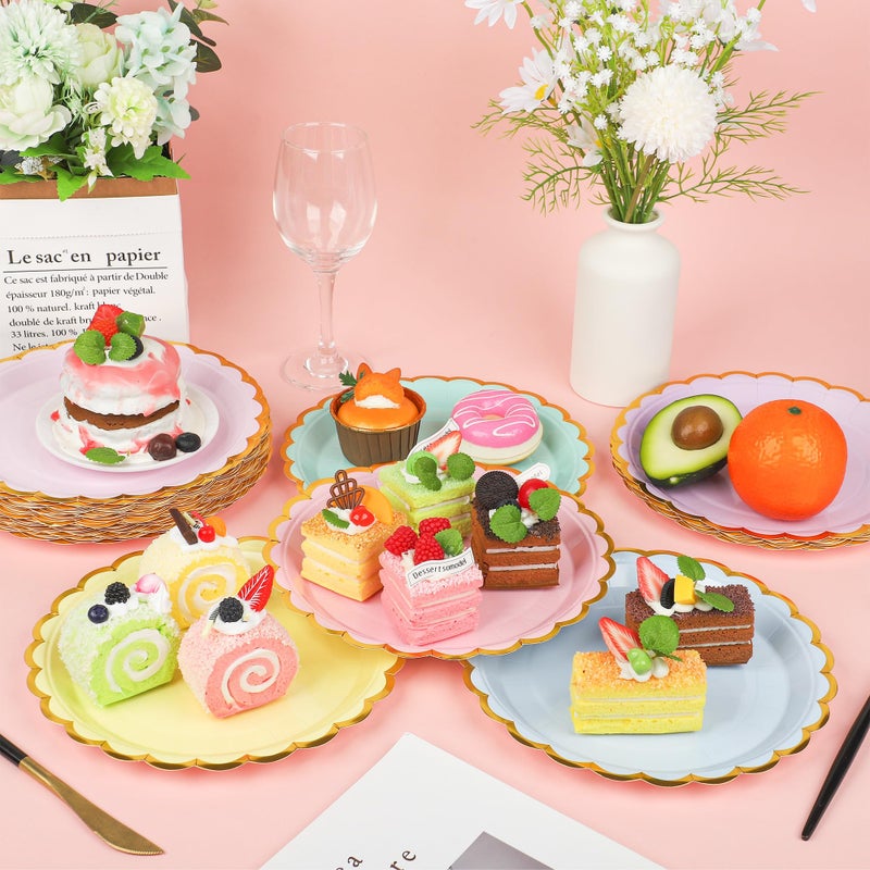 peony man 48 Pcs Pastel Scalloped Paper Plates Disposable Macaron Party Plates 9 Inch Gold Edge Colorful Dinner Plate Pastel Rainbow Dessert Plate for Wedding Birthday Baby Shower Party Supplies - Image 4