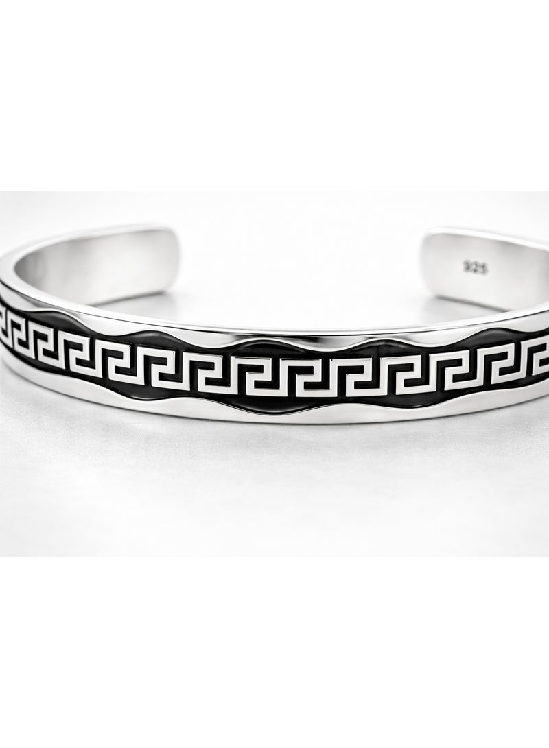 FINE SILVER 925 Sterling Silver Men's Cuff Bracelet with Greek Key Meander Medallion Design - Image 3