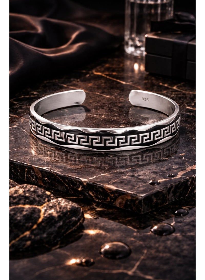 FINE SILVER 925 Sterling Silver Men's Cuff Bracelet with Greek Key Meander Medallion Design - Image 4