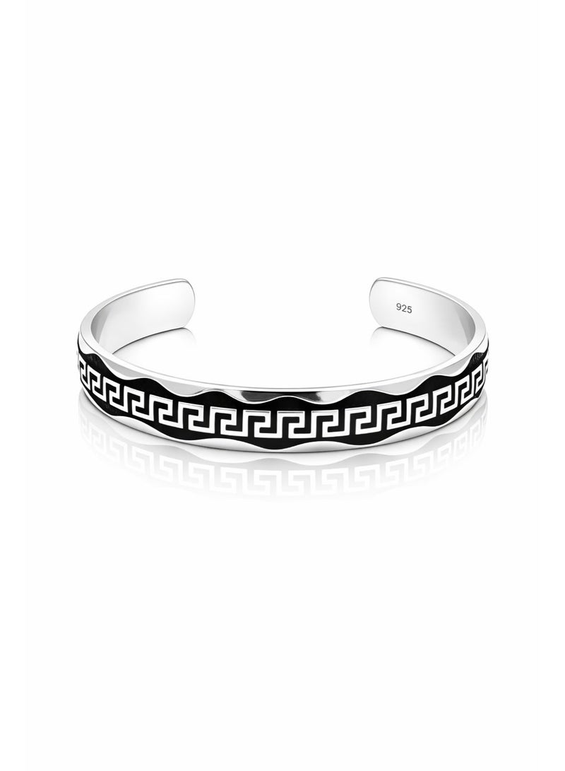 FINE SILVER 925 Sterling Silver Men's Cuff Bracelet with Greek Key Meander Medallion Design - Image 1
