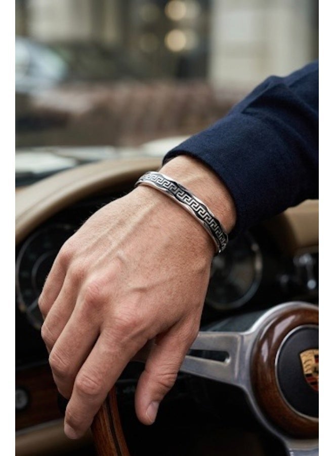 FINE SILVER 925 Sterling Silver Men's Cuff Bracelet with Greek Key Meander Medallion Design - Image 2