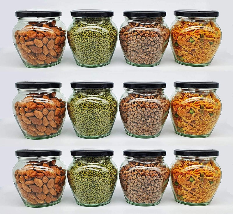 COTIT Transparent Glass Jar and Container Air Tight Black Lid for Kitchen 400 ml Mataki Glass Jar with Airtight Metal Lid (12) - Image 1
