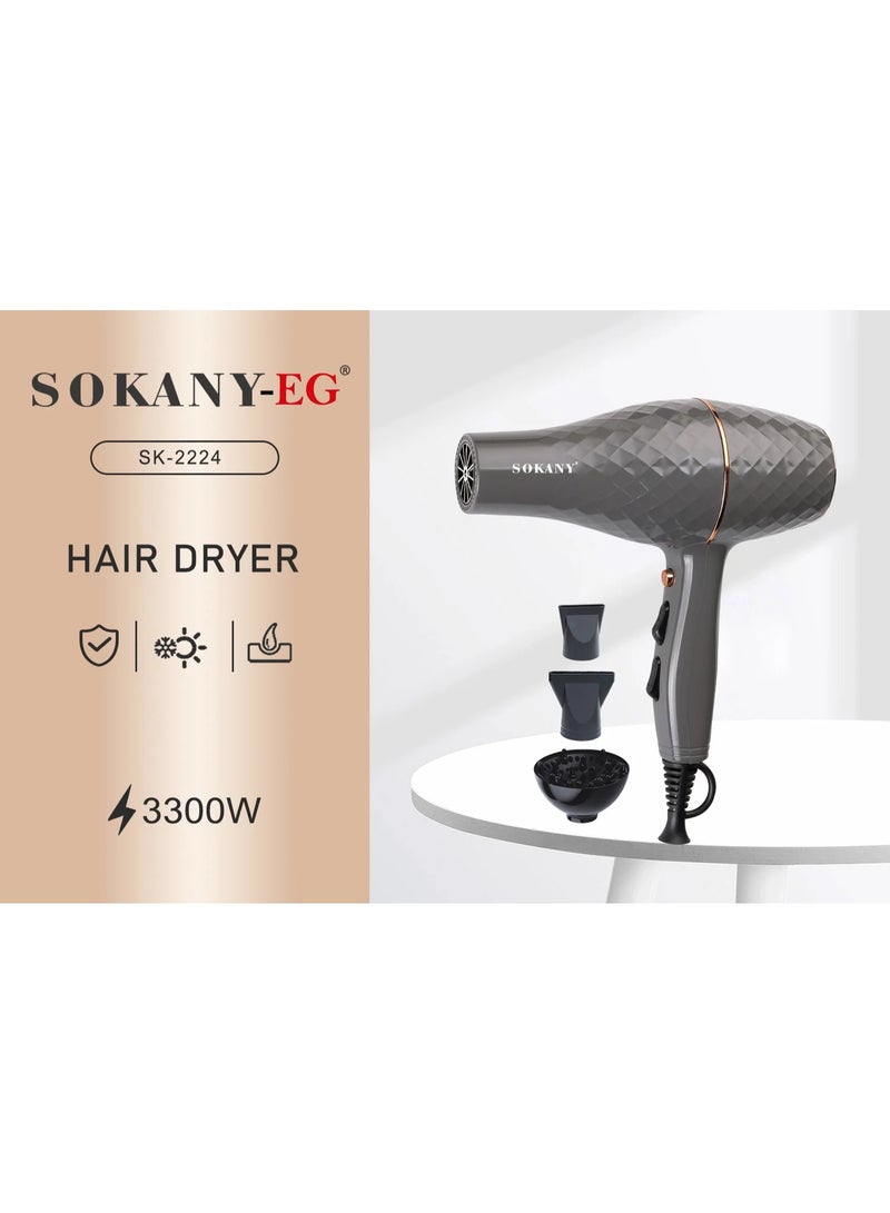 سوكاني استشوار سوكاني SK-2224 – 3300 وات، مزود بديفيوزر، محرك قوي لتجفيف سريع، تصميم احترافي للعناية بالشعر والتصفيف - Image 2