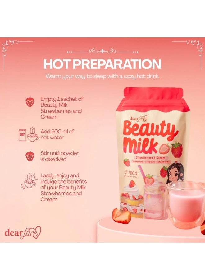 دير فيس مسحوق شراب كولاجين دير فيس بيوتي ميلك بالفراولة، 10 أكياس، 180 جرام - Image 2