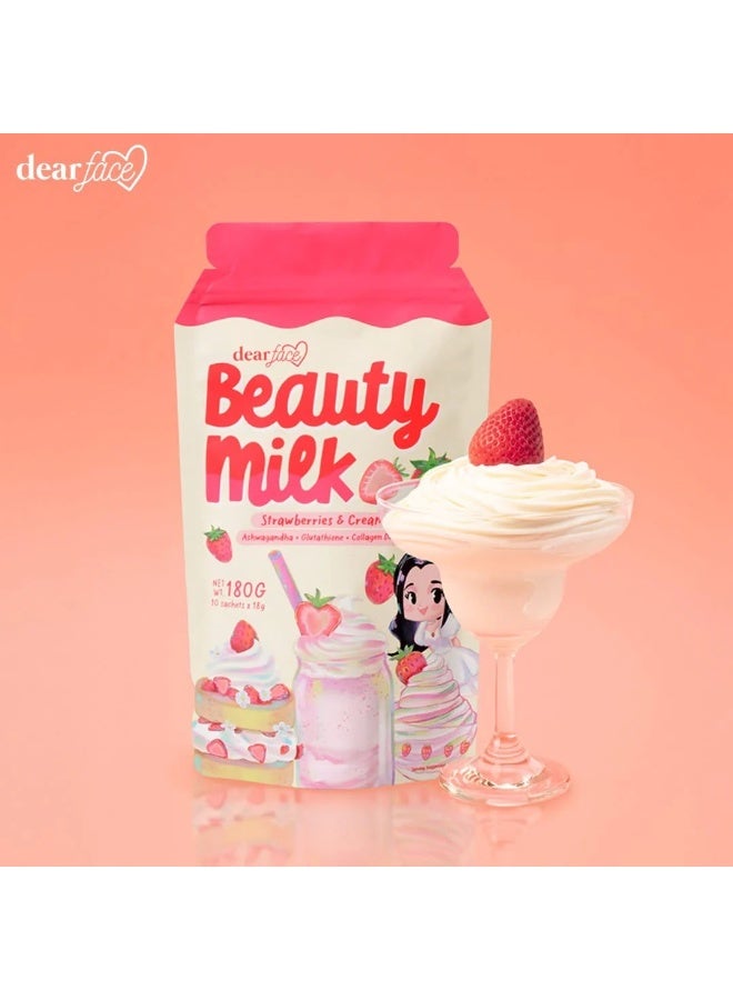 دير فيس مسحوق شراب كولاجين دير فيس بيوتي ميلك بالفراولة، 10 أكياس، 180 جرام - Image 4