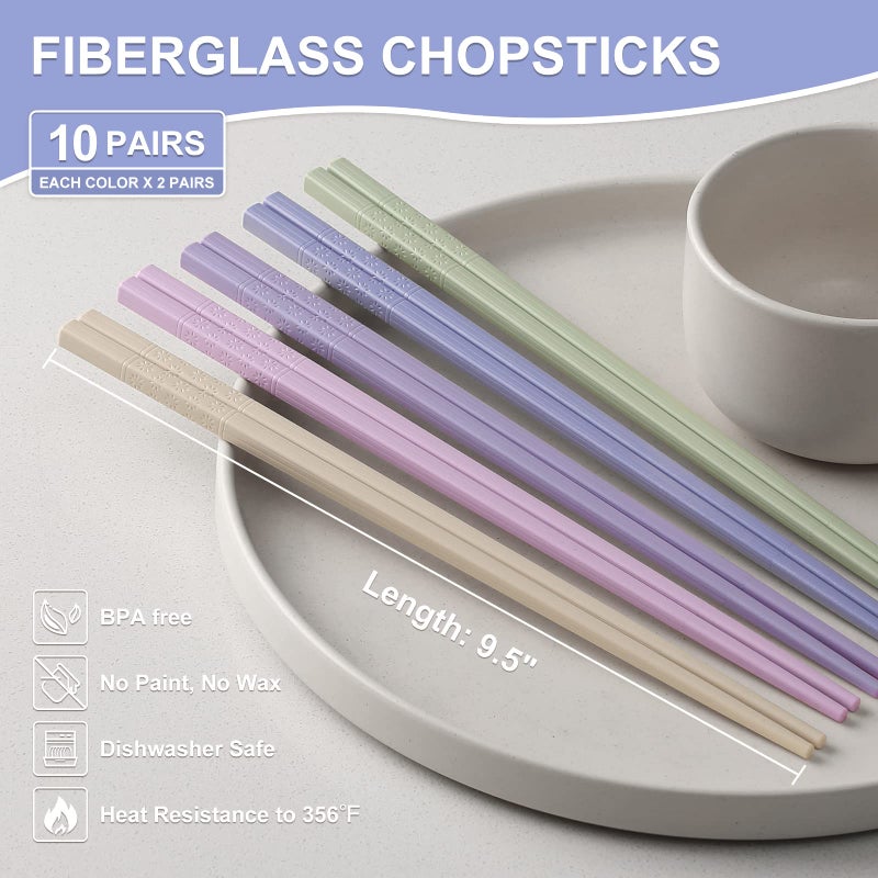 Hiware 10-Pair Reusable Fiberglass Chopsticks, Non-Slip Chop Sticks Set Japanese Style, Dishwasher Safe, 9.5-Inch - Image 2