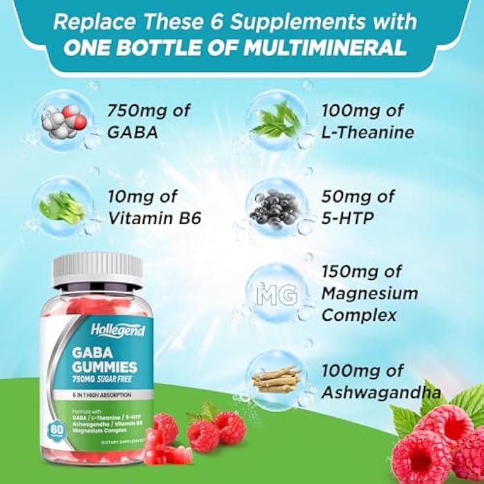 Hollegend GABA Gummies, Sugar-Free Stress Relief Gummies for Adults, High-Potency GABA L-theanine Supplement with Magnesium, Ashwagandha, 5-HTP & Vitamin B6 for Zzz & Brain Health, Vegan, 60 - Image 3