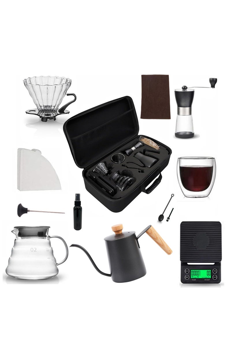 DIGI CORE Coffee Maker Set 12 Pc Pour Over Drip Coffee Kit With Coffee Grinder, Server, Kettle, Filter, Scale & Glass Drip Funnel, Cleaning Brush, Spray Bottle, Measuring Spoon & Coffee Thermometer Coffee Travel Set 600ML With Bag - Image 1