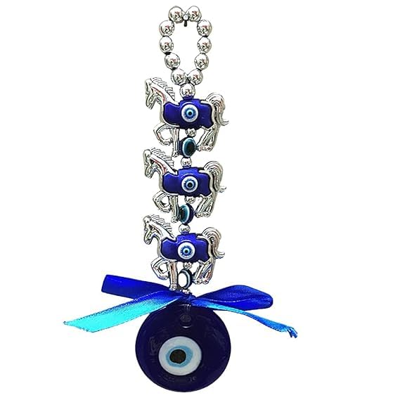 GJ - Evil Eye Three Horse Hanging for Good Luck and Prosperity Pack of 2 (Color : Blue & Silver) Height : 17.5 cm Width : 4.5 cm - Image 3