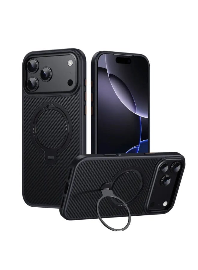 Carbon Fiber Magnetic Stand Case for iPhone 17 Pro Max – MagSafe Compatible, Shockproof, Rotating Ring Kickstand - Image 1