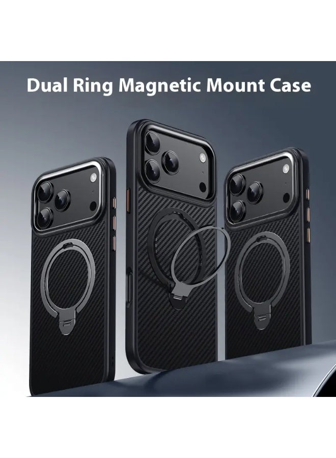 Carbon Fiber Magnetic Stand Case for iPhone 17 Pro Max – MagSafe Compatible, Shockproof, Rotating Ring Kickstand - Image 2