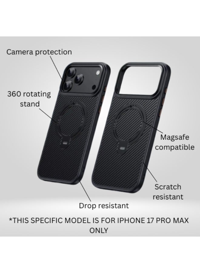 Carbon Fiber Magnetic Stand Case for iPhone 17 Pro Max – MagSafe Compatible, Shockproof, Rotating Ring Kickstand - Image 3