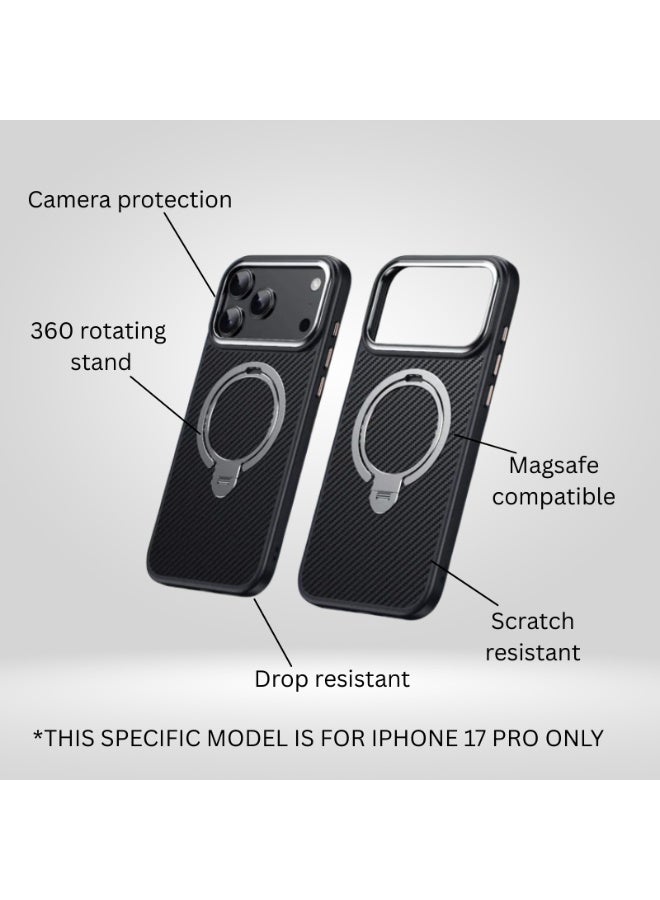 Carbon Fiber Magnetic Stand Case for iPhone 17 Pro Max – MagSafe Compatible, Shockproof, Rotating Ring Kickstand - Image 4