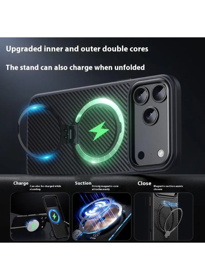 Carbon Fiber Magnetic Stand Case for iPhone 17 Pro Max – MagSafe Compatible, Shockproof, Rotating Ring Kickstand - Image 5