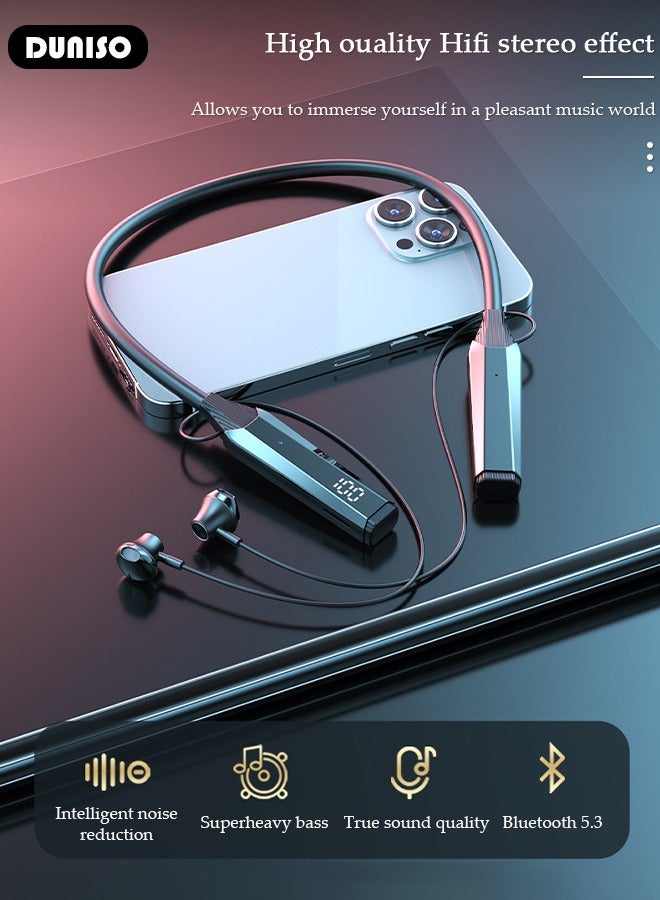 DUNISO Wireless Neckband Headphones Bluetooth 5.3 Wireless Sports Earphone with LED Display Extra Long Playtime Wireless Stereo Neckband Earbuds Waterproof Earphones for IOS and Android  - Image 4