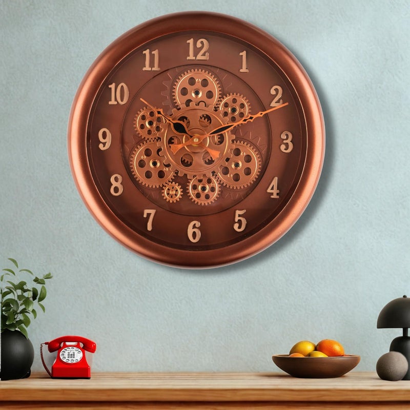 Bosco Non-Ticking Silent, Copper Brown Frame, 3D Moving Mechanism Design, 33 CM, Modern Decorative Gear Wall Clock for Home, Living Room, Bed Room, Office and Kitchen I BWC-1901 - Image 4