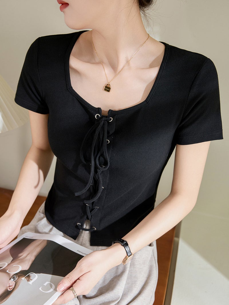 [Easy To Use] High-End Design Strappy T-Shirt For Women Summer Square Collar Short-Sleeved Top Sense Of Design Outer Wear - Image 5